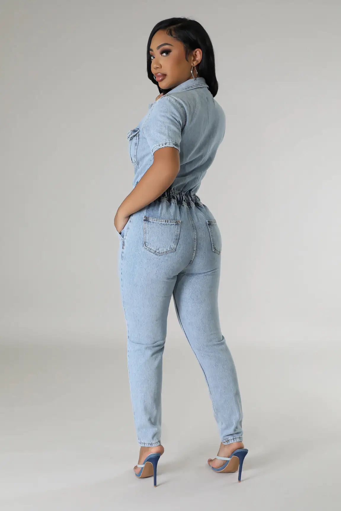 Elegant Blue Denim Stretch Jumpsuit for Women