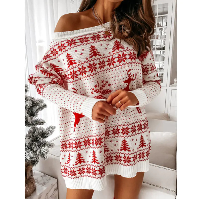 Ladies Christmas Jacquard Knit Long Sleeve Dress