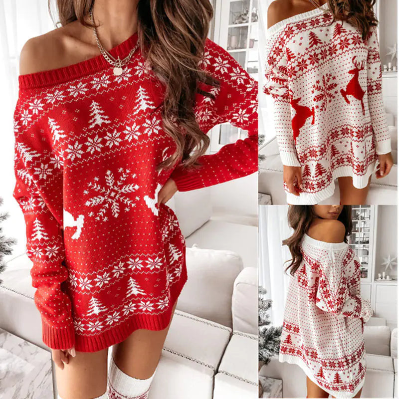 Ladies Christmas Jacquard Knit Long Sleeve Dress