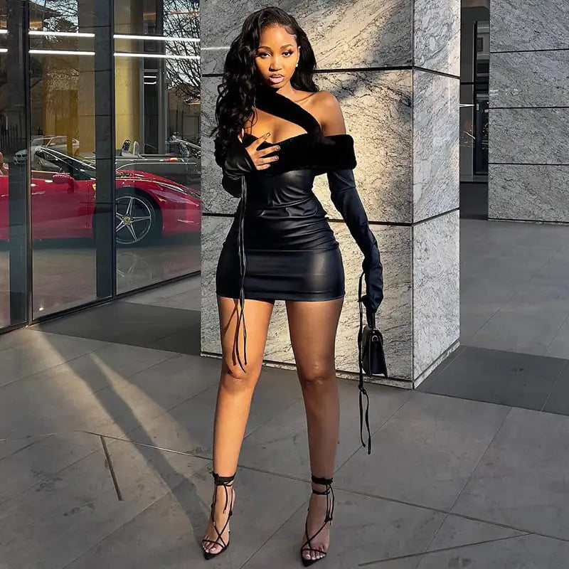 European American Fall Winter Off-Neck Slim PU Dress