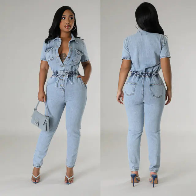 Elegant Blue Denim Stretch Jumpsuit for Women