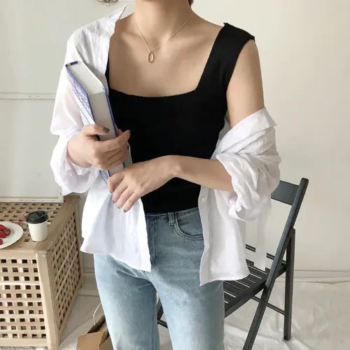 Knit Ice Silk Women's Summer Cami Top in Black/White