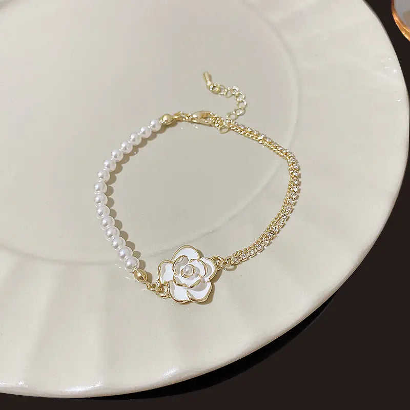 Retro Hong Kong Style Camellia Pearl Bracelet for Women