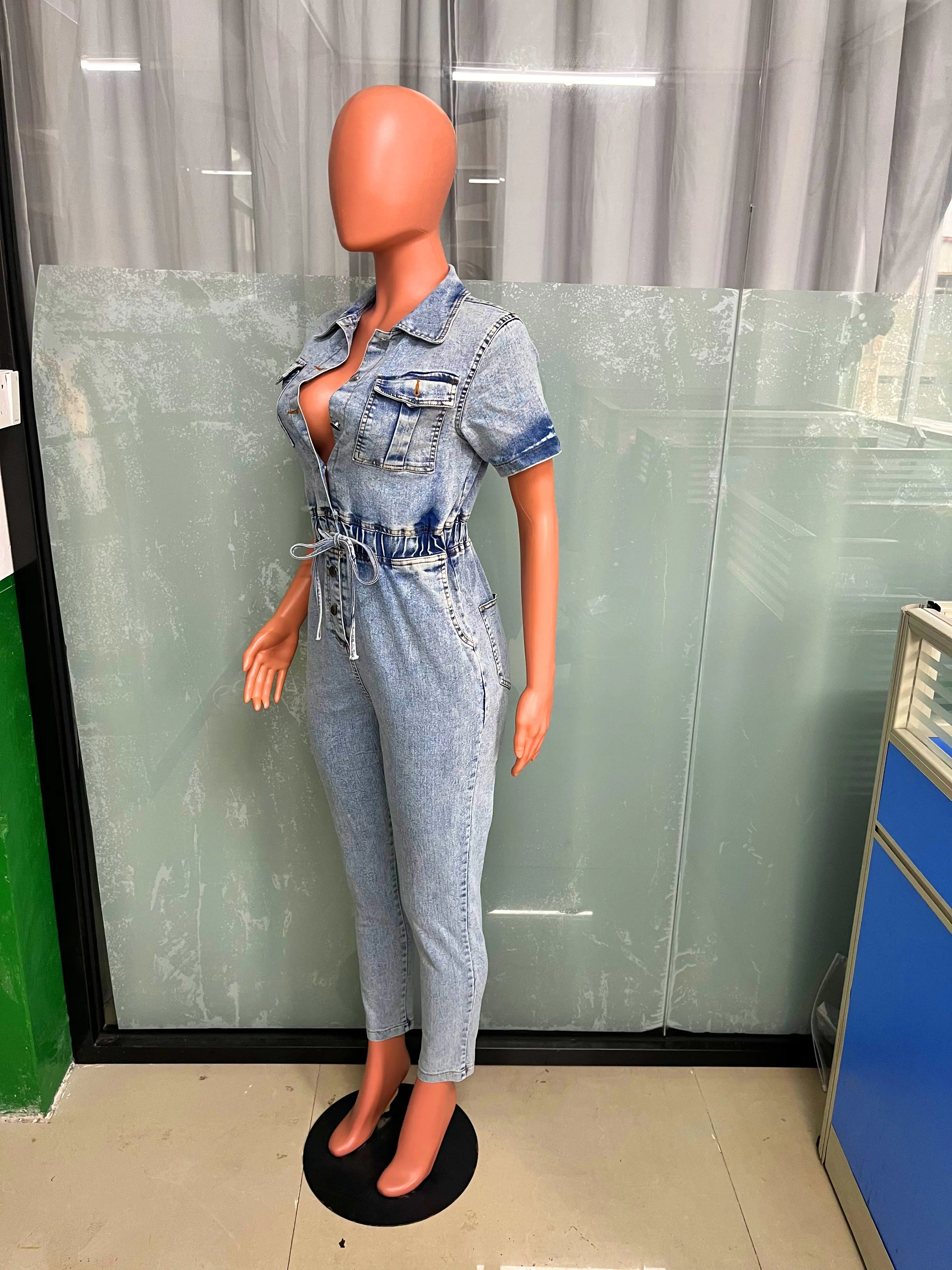 Elegant Blue Denim Stretch Jumpsuit for Women