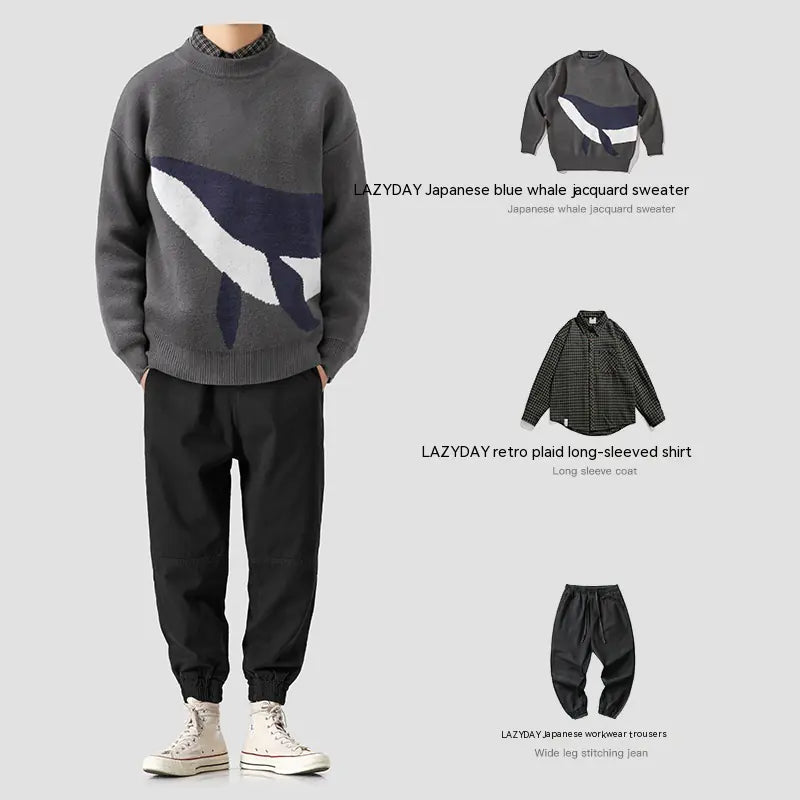 Vintage Japanese Whale Men's Round Neck Sweater