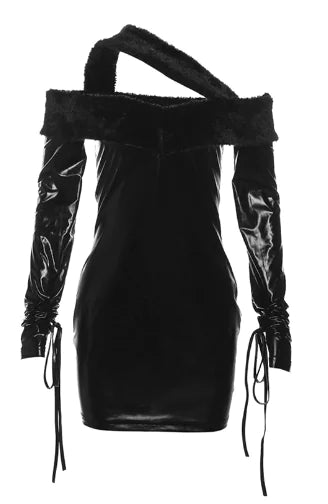 European American Fall Winter Off-Neck Slim PU Dress