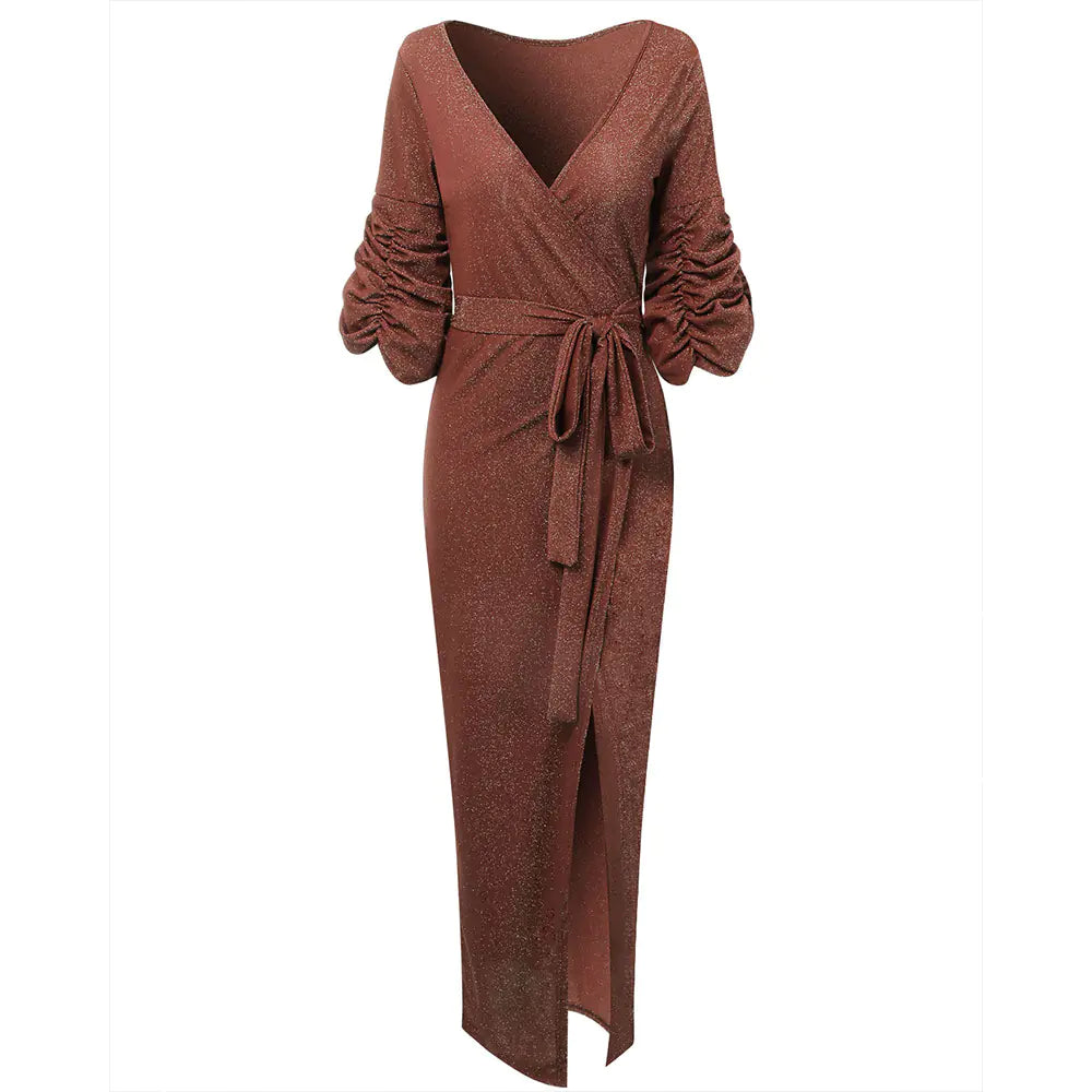 Pleated Lace-Up V-Neck Off-Shoulder Dress