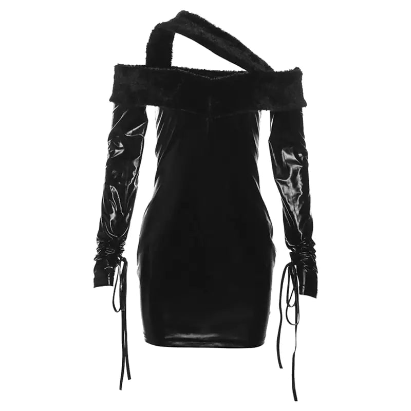 European American Fall Winter Off-Neck Slim PU Dress