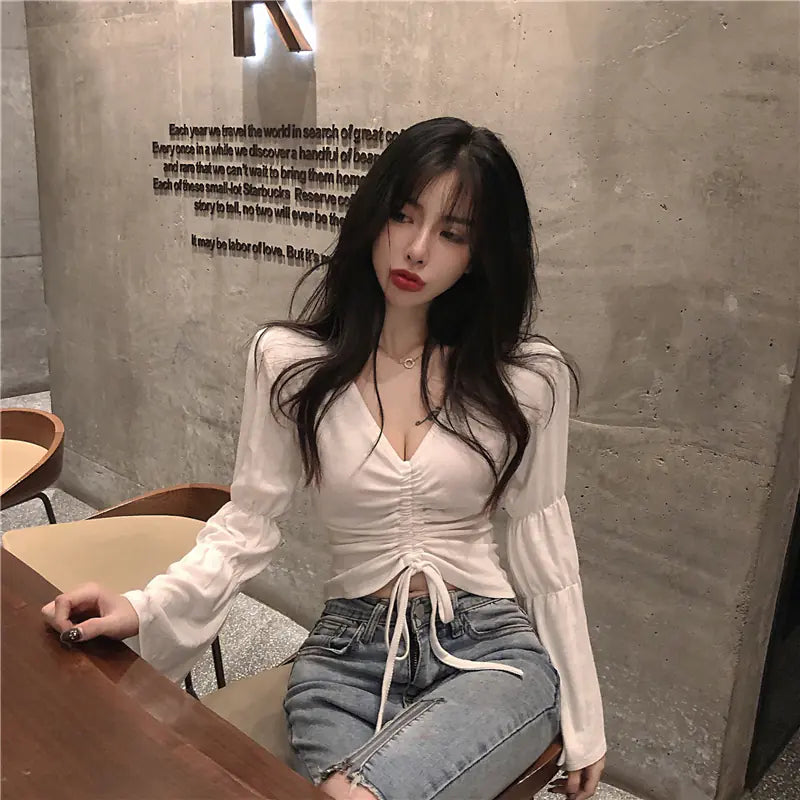 V-Neck Long Sleeve Drawstring Top with Flare Sleeves