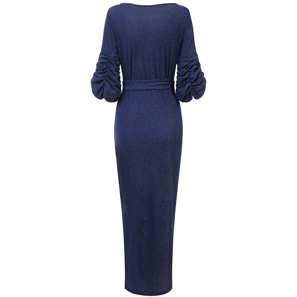 Pleated Lace-Up V-Neck Off-Shoulder Dress